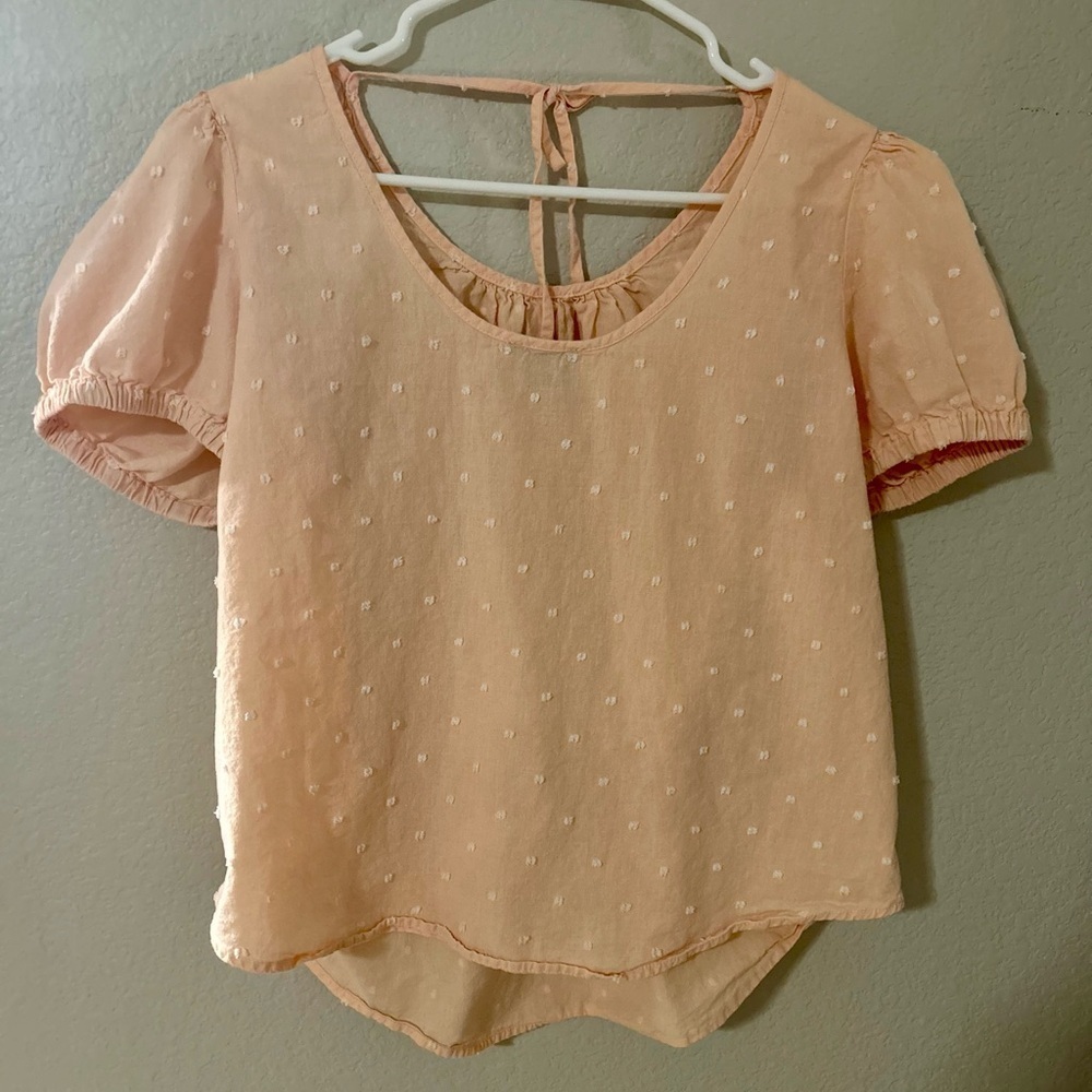 Falls Creek Peach Pink Swiss Dot Puff Sleeve Tie Front Women’s Blouse Top L - Picture 4 of 5